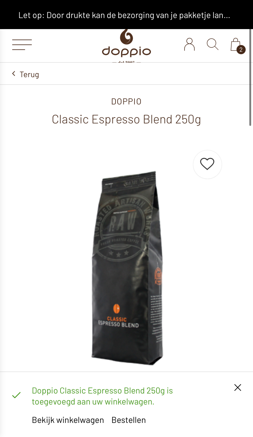 Oude popup die onduidelijk bevestigt dat een product is toegevoegd